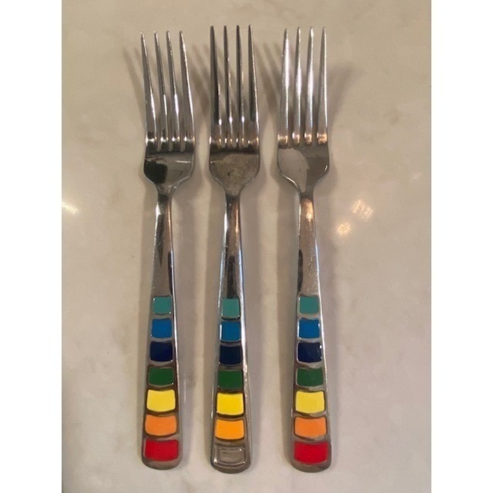 Fiesta Celebration Rainbow Striped Stainless Steel Dinner Forks Set of 3 8"